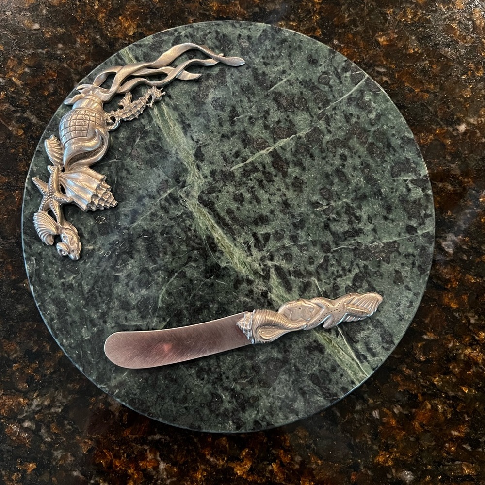 Vintage Seashell Accented Pewter and Marble Stone Cheese Board with Knife